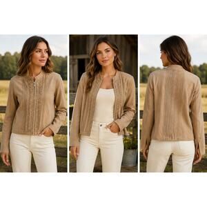 Coldwater Creek Women’s Med Faux Suede Jacket Tan Ruffle Pleated Zip Front Boho